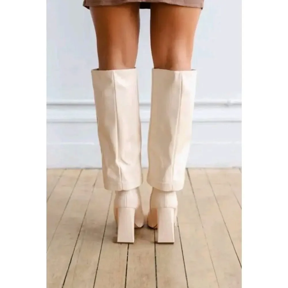 Lulu's Lorlia Women's Almond Square Toe Knee High Fold Over Boots Size 8 Beige - Picture 2 of 9